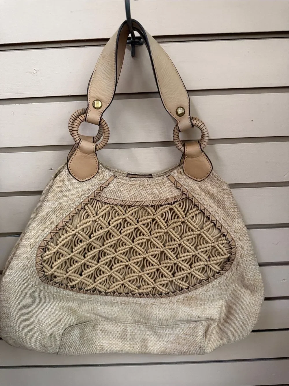 Beige Macramé Hobo Bag with Braided Ring Handles